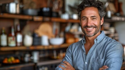 Fototapeta premium Smiling man with gray hair in a cozy kitchen setting, showcasing culinary passion and warmth