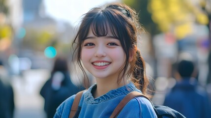 通りで微笑む若い日本人女性