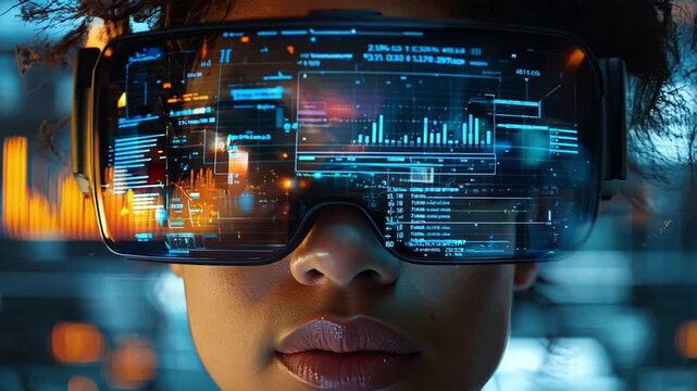 A young woman engages with immersive virtual reality technology, analyzing data in a vibrant, high-tech setting.