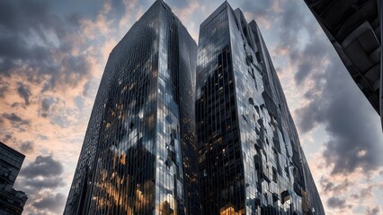 a towering skyscraper piercing the cloudy gray sky