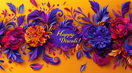 Holiday Festival Project with Purple Paper-Cut Rangoli on Striking Yellow Background, "Happy Diwali!" in Bold Purple Letters

