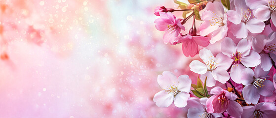 Fototapeta premium Cherry blossom bokeh background, copy space