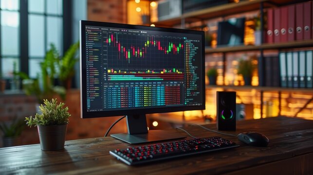 A modern desktop computer setup with financial data displayed on the screen in an office environment during the evening