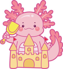Illustration of cute axolotl activities icon.
Funny pink axolotl in daily routine stickers.