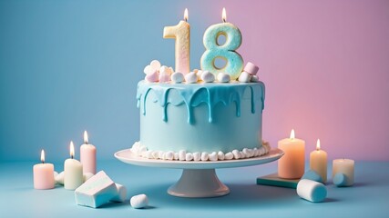 A decorated cake with the number 18 on top surrounded by lit candles