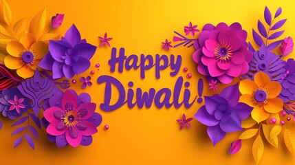 Holiday Festival Project with Purple Paper-Cut Rangoli on Striking Yellow Background, "Happy Diwali!" in Bold Purple Letters

