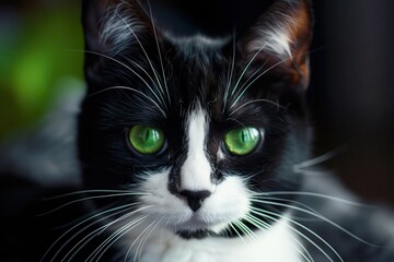 Black And White Cat Portrait with Green Eyes. Domestic Animal with Cute Felino Features