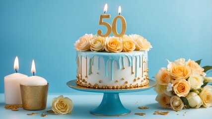 A 50th birthday cake adorned with roses and candles