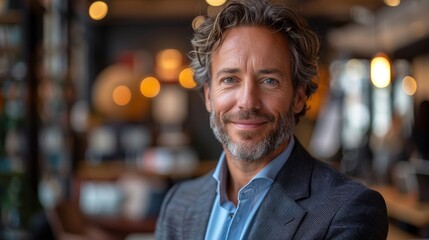 Man with curly hair smiling in a caf&eacute; during the day surrounded by warm lighting and people