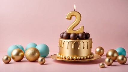 A festive second birthday cake with a lit candle and decorative balls on a pink background
