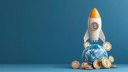 Rocket leaving Earth, trailing currency symbols, financial success, 3D illustration