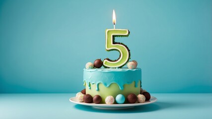 A birthday cake with a lit number 5 candle