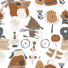 Seamless pattern with cute animals in autumn forest