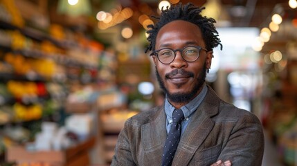 Fototapeta premium Man with glasses and a suit stands confidently in a grocery store surrounded by fresh produce and vibrant displays