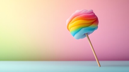 A vibrant cotton candy swirl on a stick, featuring a beautiful rainbow of colors against a soft, pastel background.