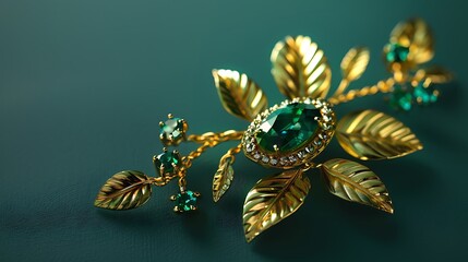 Naklejka premium Emerald and gold brooch on a solid hunter's green background