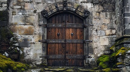 Fototapeta premium Old wooden door with ornate ironwork set in a stone wall with moss.