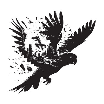 recommend clip art: silhouette of Cockatoo filled with destroyed futuristic dystopia environment in rough drawing