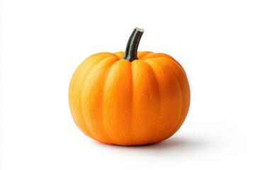 Obraz premium Fresh orange pumpkin with a green stem, perfect for autumn decorations and Halloween themes, showcasing vibrant color and texture.