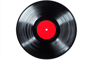 Fototapeta premium Retro vinyl record with a vibrant red center, perfect for music-themed designs and nostalgic projects.