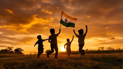 Children play joyfully in a field, waving an Indian flag against a stunning sunset, celebrating unity and freedom.