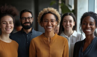 Fototapeta premium Successful team leader and diverse employees posing for photo together, Generative AI