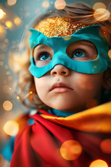 Kid Dressed as a Superhero with Cape and Mask
