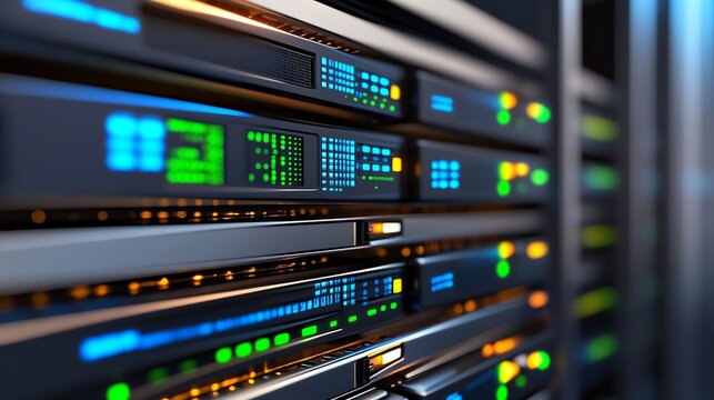 Close-up of server racks, showcasing lights and digital displays, representing advanced technology in data management and communication.