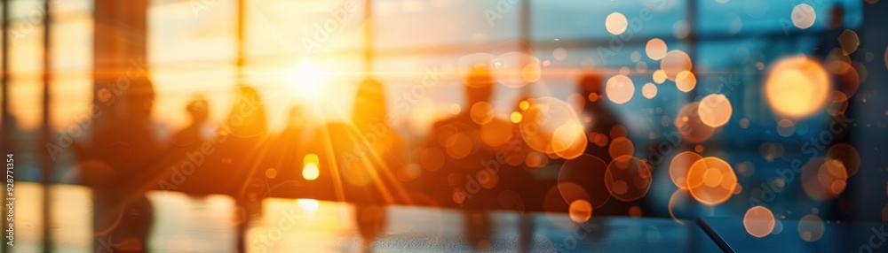 Poster a group of people are sitting at a table with the sun shining through the window