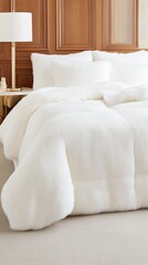 Obraz premium A luxurious sheepskin duvet cover creates a cozy ambiance in a softly lit bedroom with wooden paneling and plush white textures