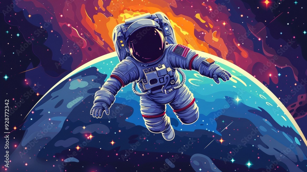 Wall mural cartoon vector astronaut floating in space with earth in the background