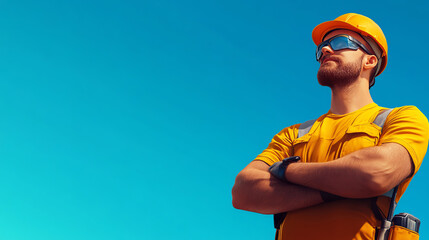 Confident construction worker in orange uniform stands against a clear blue sky, showcasing professionalism and dedication.