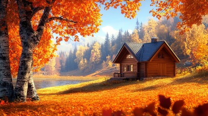 Cozy cabin in a serene autumn landscape surrounded by vibrant fall foliage and clear blue sky.