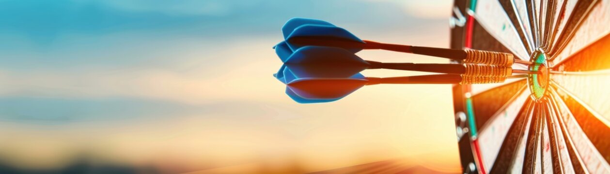 Closeup of darts hitting the center of a dartboard with a sunset background, symbolizing accuracy, focus, and achievement.