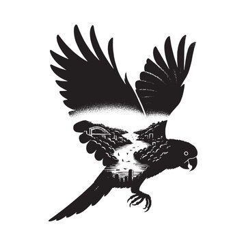 recommend clip art: silhouette of Cockatoo filled with river view in rough drawing