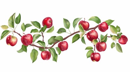 Red apples with green leaves on a branch isolated on white background.