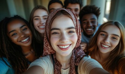 Obraz premium A group of young people friends of different nationalities taking selfies and smiling. Portrait, close-up. Group photo, Generative AI
