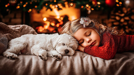 Obraz premium Slepping dog and little girl enjoying Christmas ambiance by a fireplace.