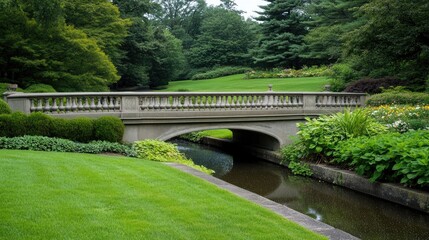Fototapeta premium The serene stone bridge in a blooming garden offers a peaceful retreat, surrounded by lush plants and a gentle stream reflecting nature’s beauty