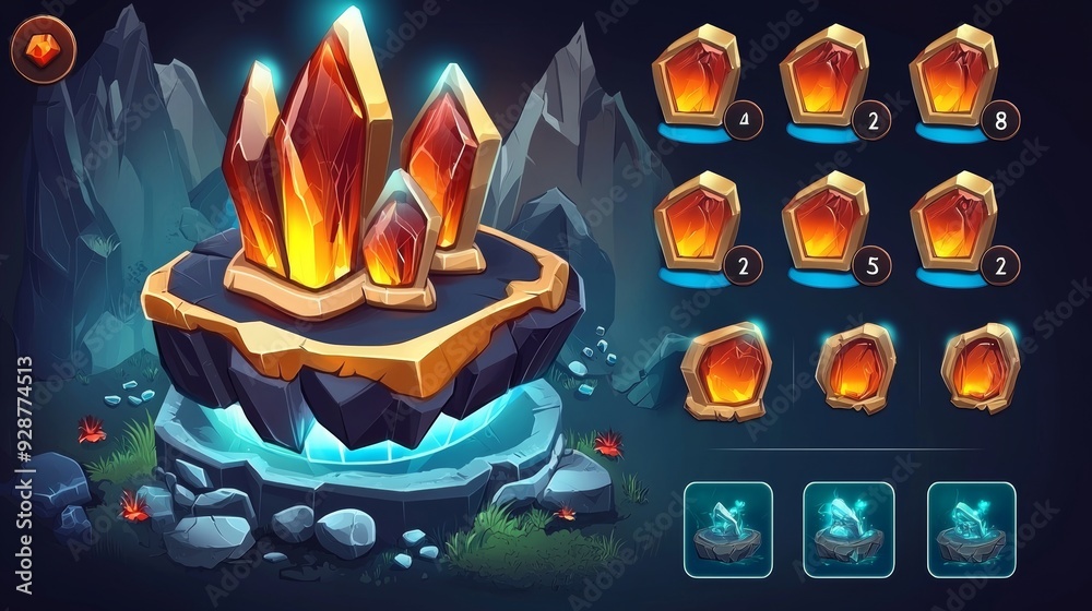 Poster ui elements from a role-playing game isolated on a red banner with gold borders.