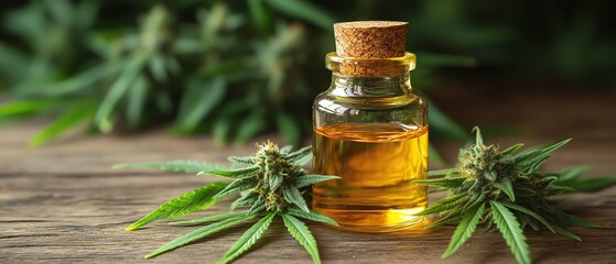 A small glass bottle filled with golden oil with fresh green cannabis leaves beside it