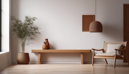 Minimalist Interior Design with Wooden Bench and Chair in White Hallway