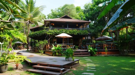 chairs with coffee table and umbrella near green grass lawn