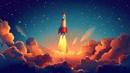Cartoon vector rocket ship blasting off into the starry sky