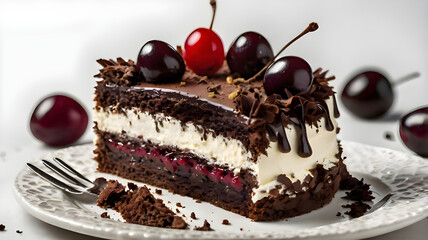 Stock Photography black forest gateau cake slice tasty food,chocolate cream cake with cherry, Black forest cake topped with fresh cherries, selective focus