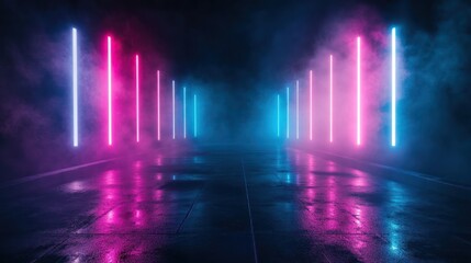 Neon Lights Reflecting on Wet Concrete Floor