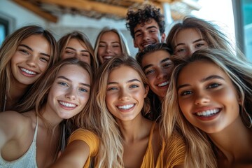 Fototapeta premium Big group of cheerful young friends taking selfie portrait. Happy people looking at the camera smiling. Concept of community, youth lifestyle and, Generative AI