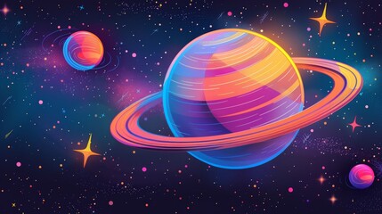 Naklejka premium Cartoon vector planet with rings surrounded by colorful stars