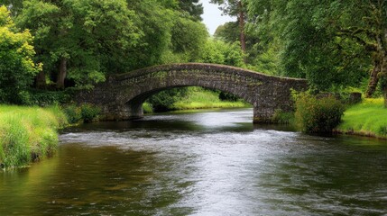 Fototapeta premium The serene stone bridge in a blooming garden offers a peaceful retreat, surrounded by lush plants and a gentle stream reflecting nature’s beauty