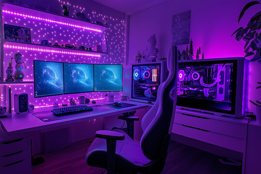 Purple-Illuminated Gaming Setup with Triple Monitors and Custom PC. Teenager's room